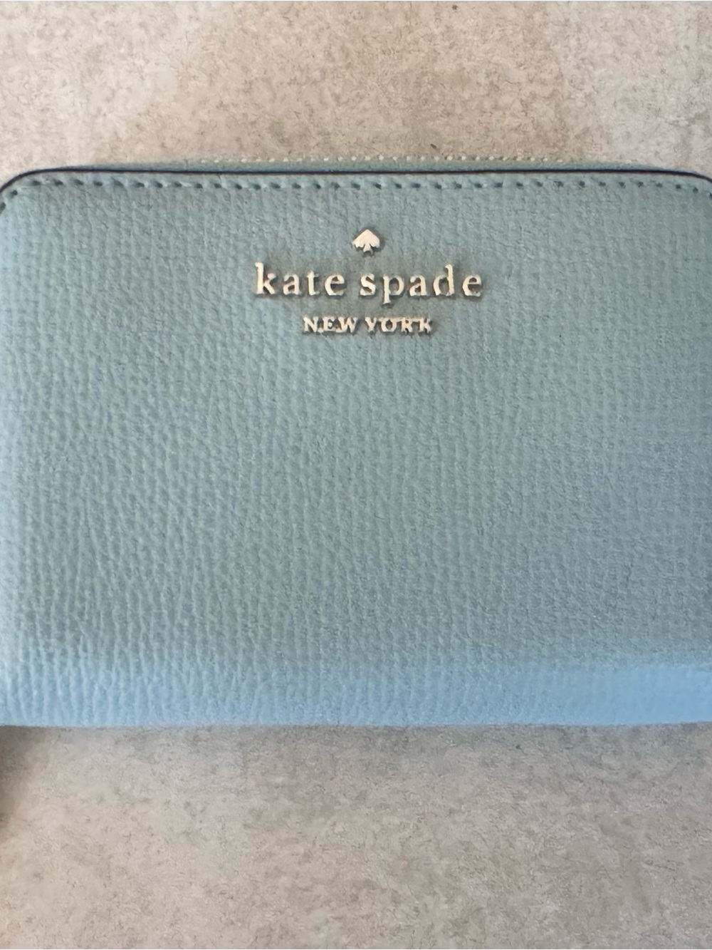 kate spade Light Blue Pebbled Leather Zip Wallet with Gold Logo